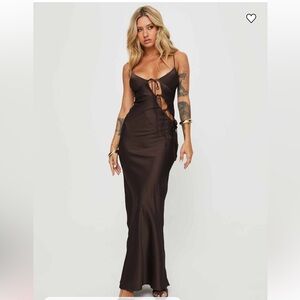 Lioness About A Girl Maxi Dress Chocolate Brown Satin Cutout Tie Dress NWT